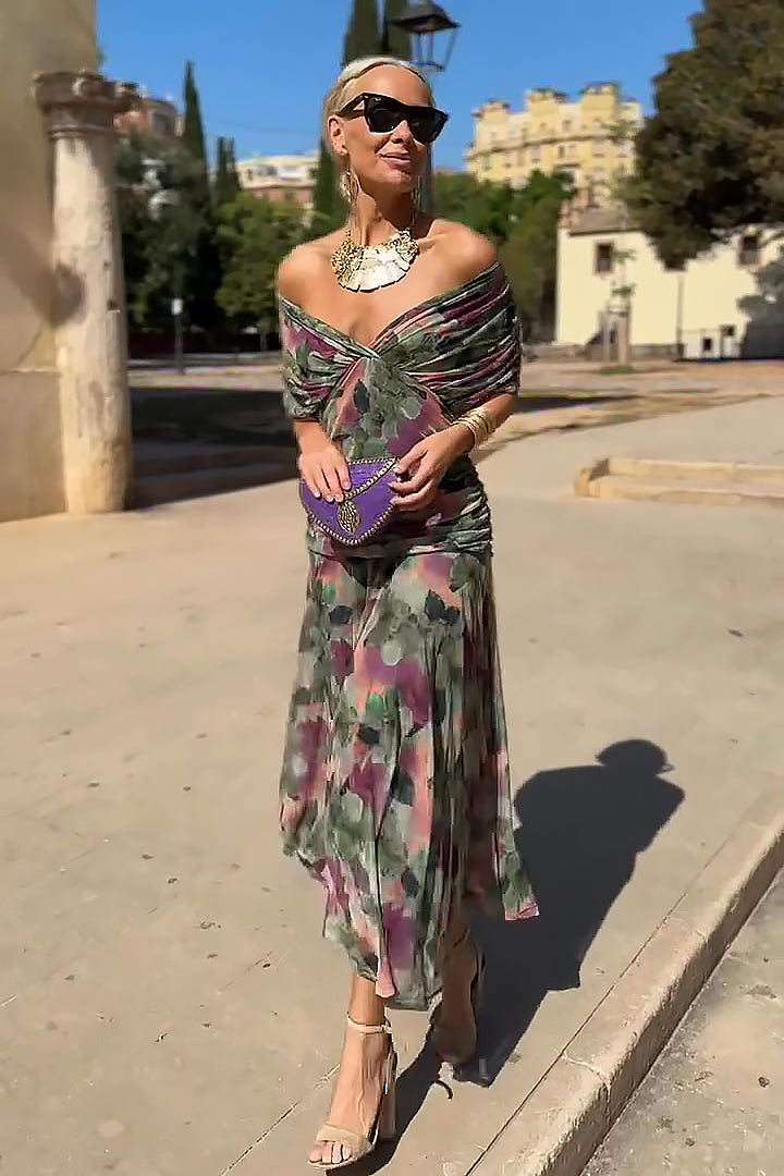 Elegantní maxi šaty na večírek s výstřihem do V a fantazijním květinovým potiskem