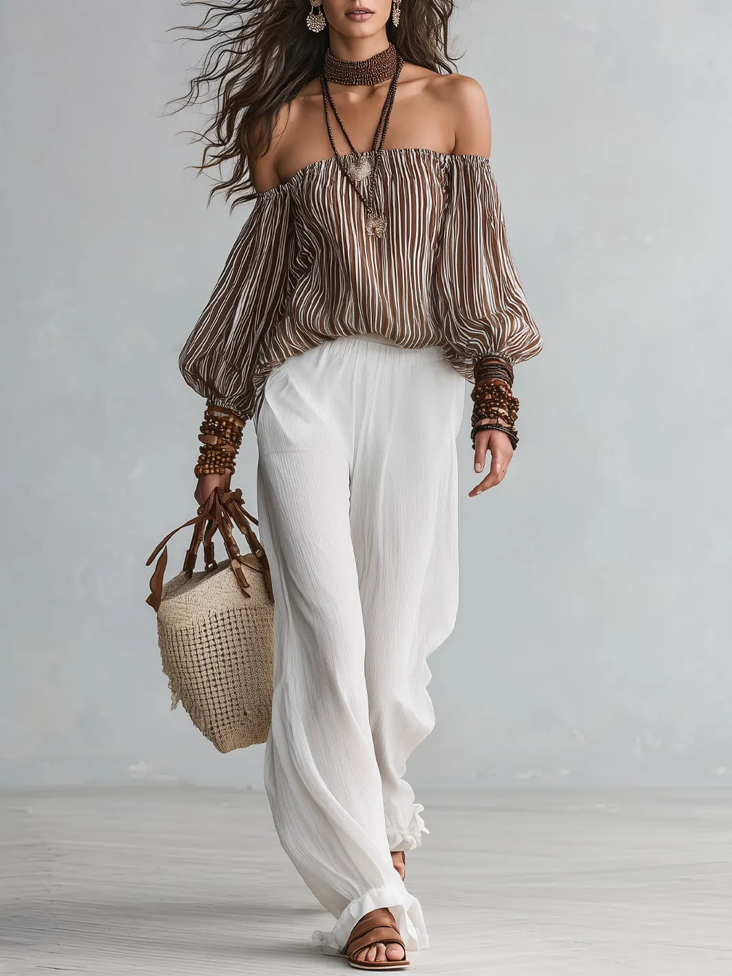 Bohemian Stripe Off-Shoulder Blouse & Wide-Leg Pants Set