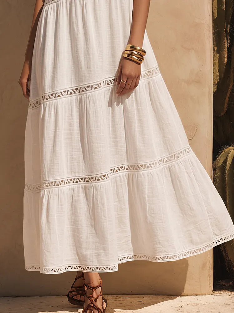 Bohemian One-Shoulder White Cotton-Linen Maxi Dress