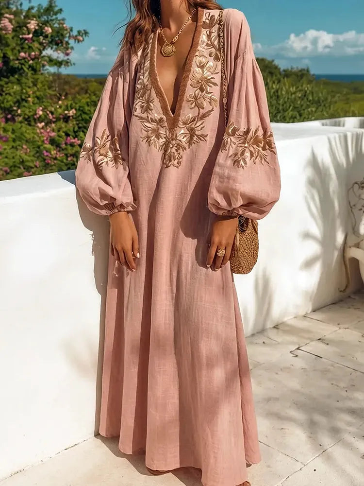 Women's Retro Ethnic Floral Art Casual Long Sleeve Maxi Dress