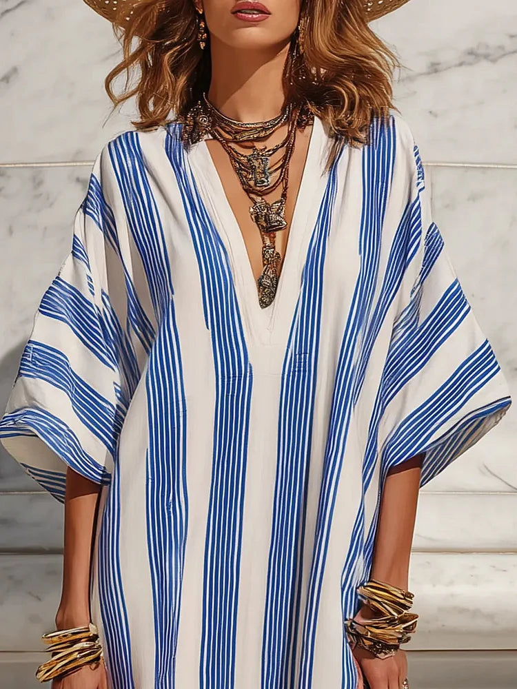 Women's Retro Striped Art Vacation Casual Stylish Cotton Linen Maxi Dress
