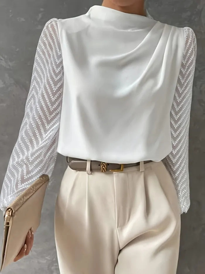 Elegant Sheer-Sleeve Mock Neck Blouse