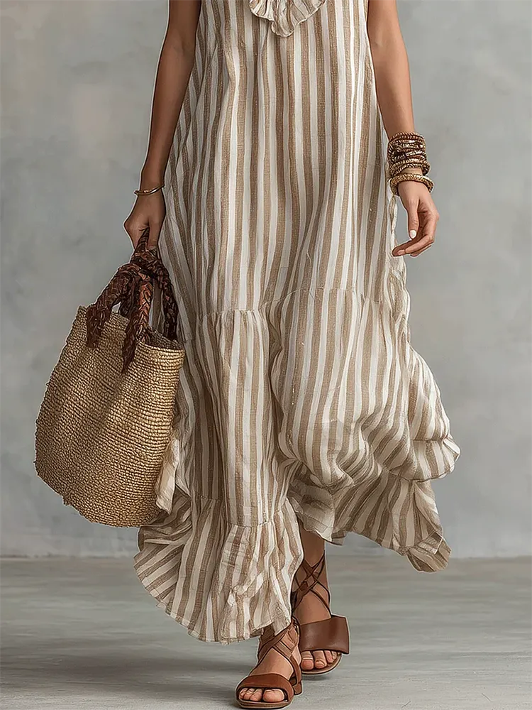 Retro Ruffled V-neck Striped Cotton-linen Dress