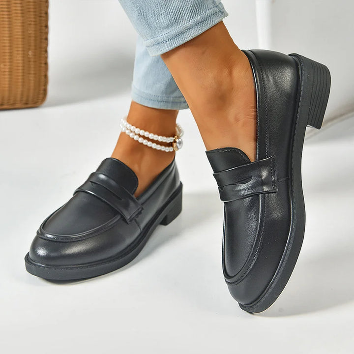 Solid Color Patchwork Round Toe Low Block Heel Loafers