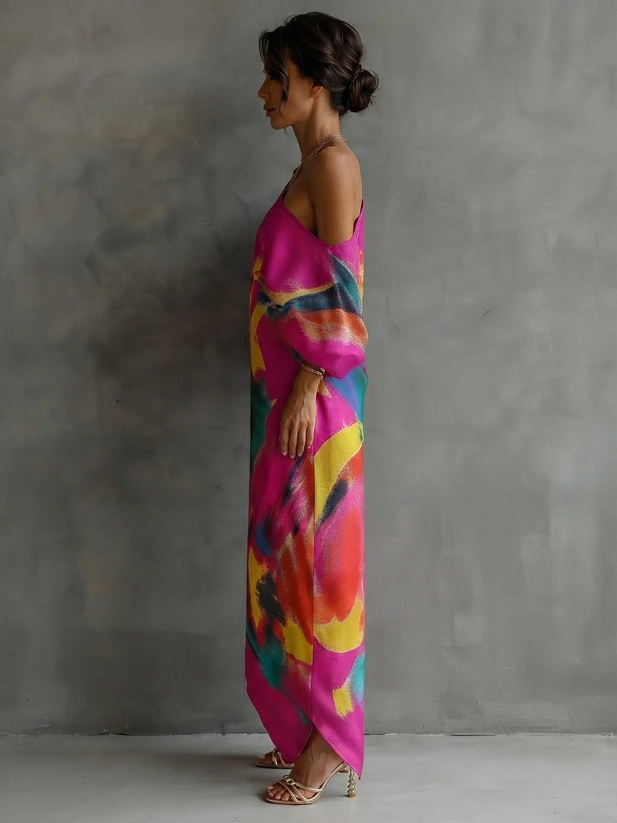 Dinah - Artistic Print One-shoulder Maxi Dress