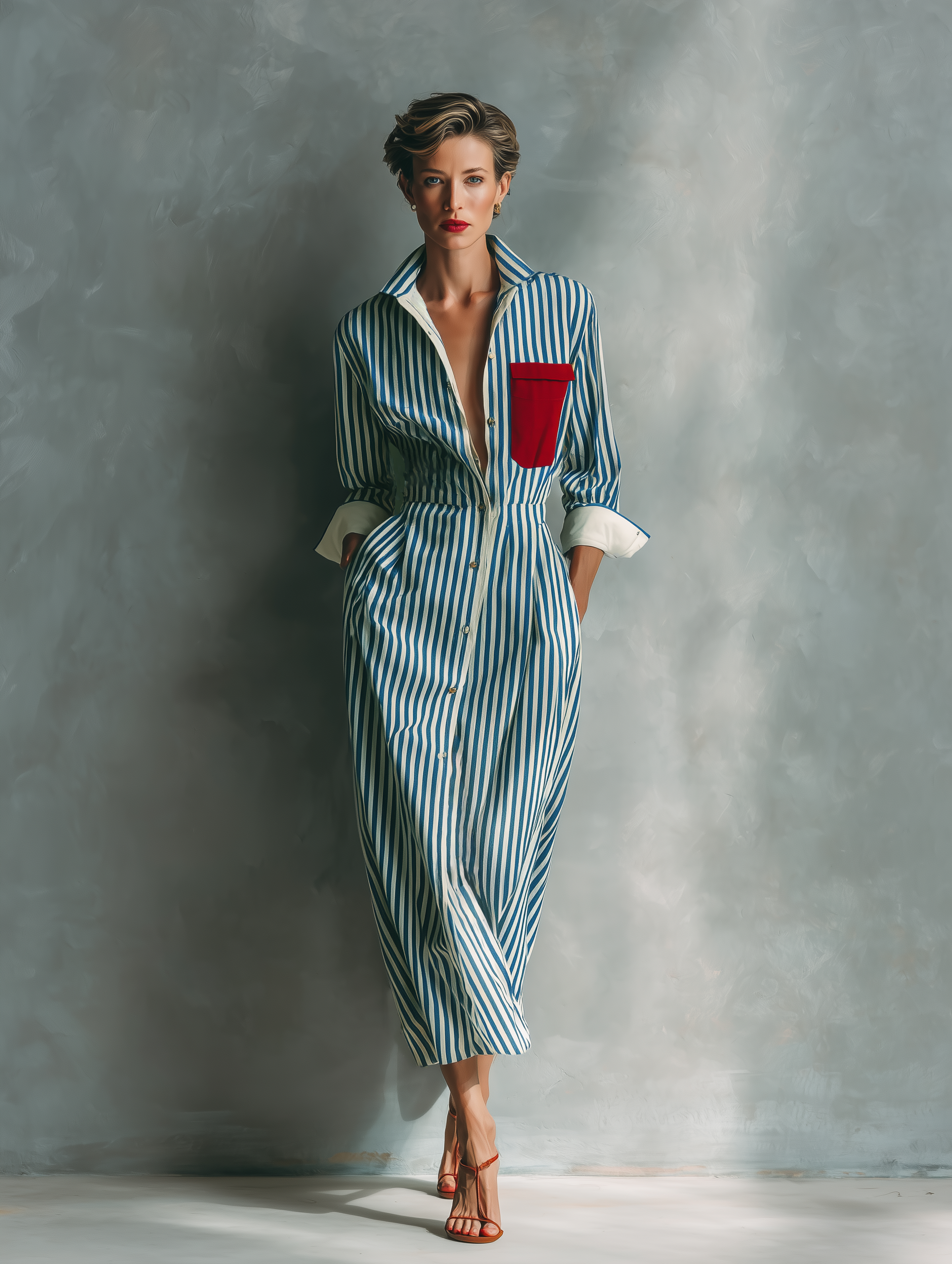 Women's Blue And White Cotton Striped Shirt Dress With Red Chest Pocket