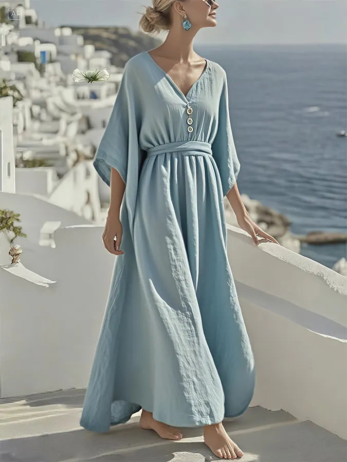 Summer Cotton&Linen V-neck Button Dress