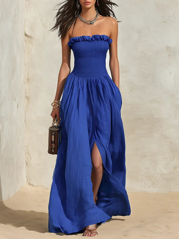 Vacation-style Strapless Slit Solid Color Maxi Dress
