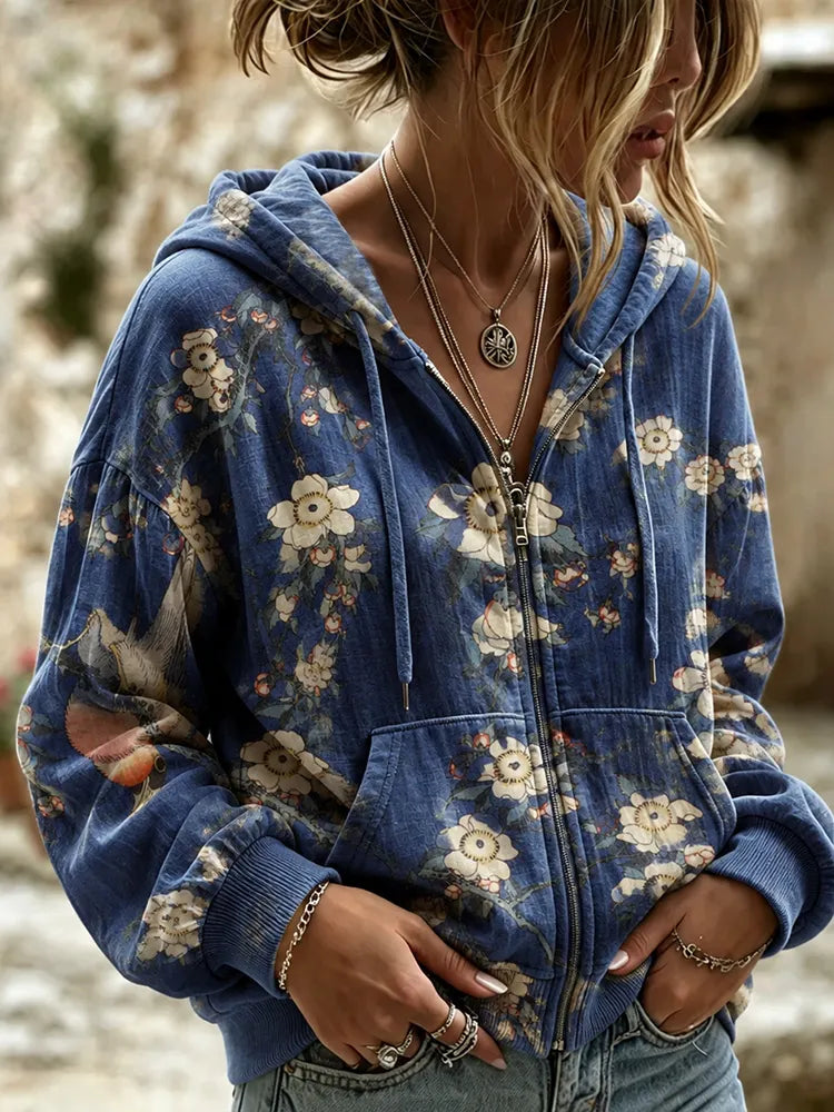 Women's Vintage Japanese Floral Art Print Long Sleeve Hoodie