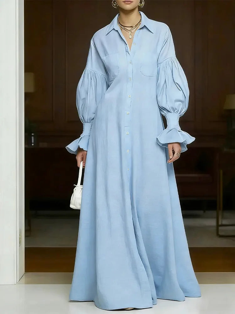 Women's Retro Stylish Lapel Button Art Casual Long Sleeve Cotton Maxi Dress