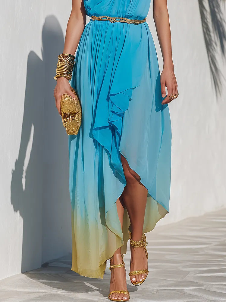 Romantic Vacation One-Shoulder Asymmetrical Hem Ombré Chiffon Maxi Dress
