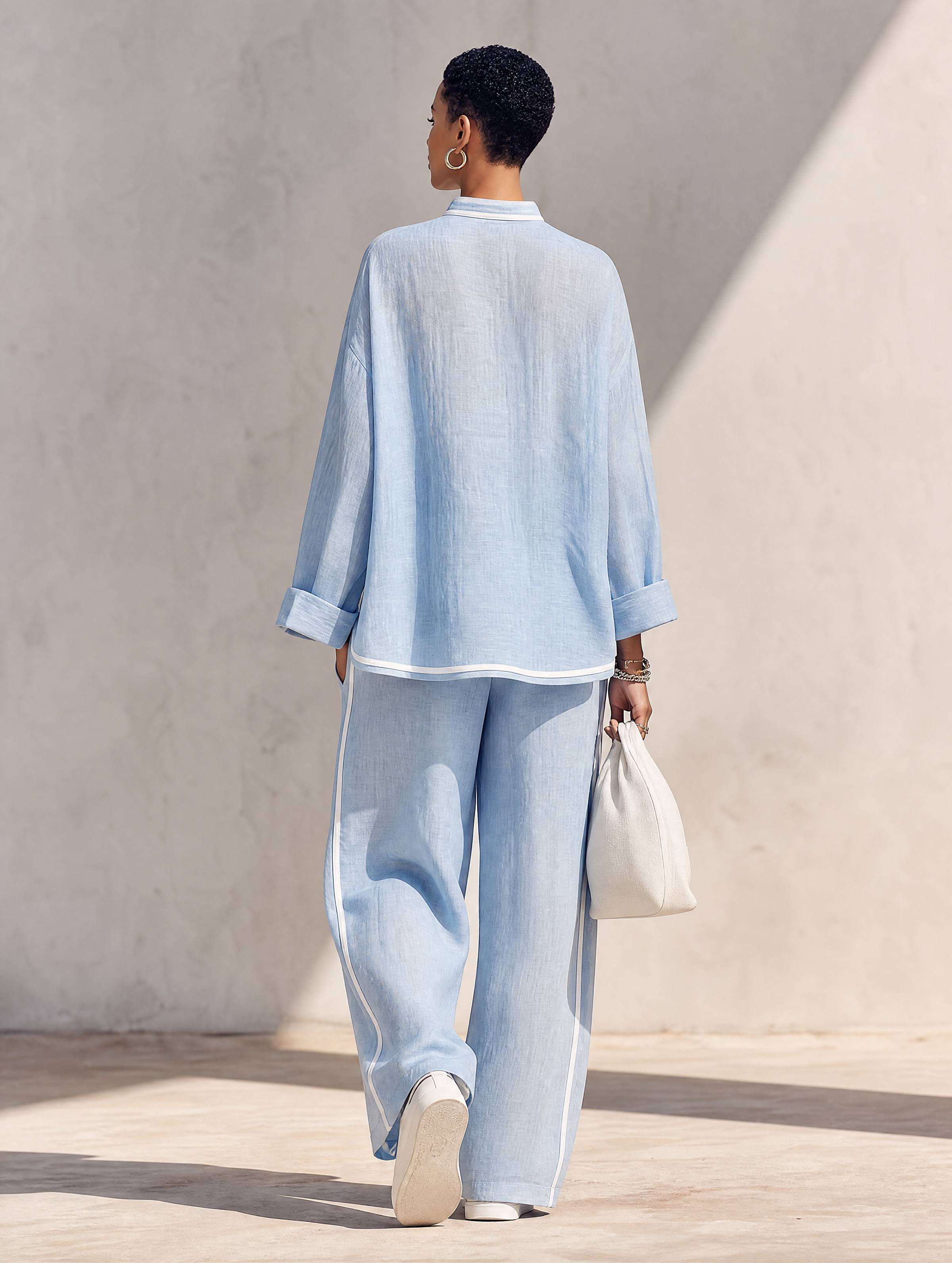 Women's Light‑Blue Linen Fabric Stand‑Collar Half‑Zip Oversized Top & Wide‑Leg Pants Set