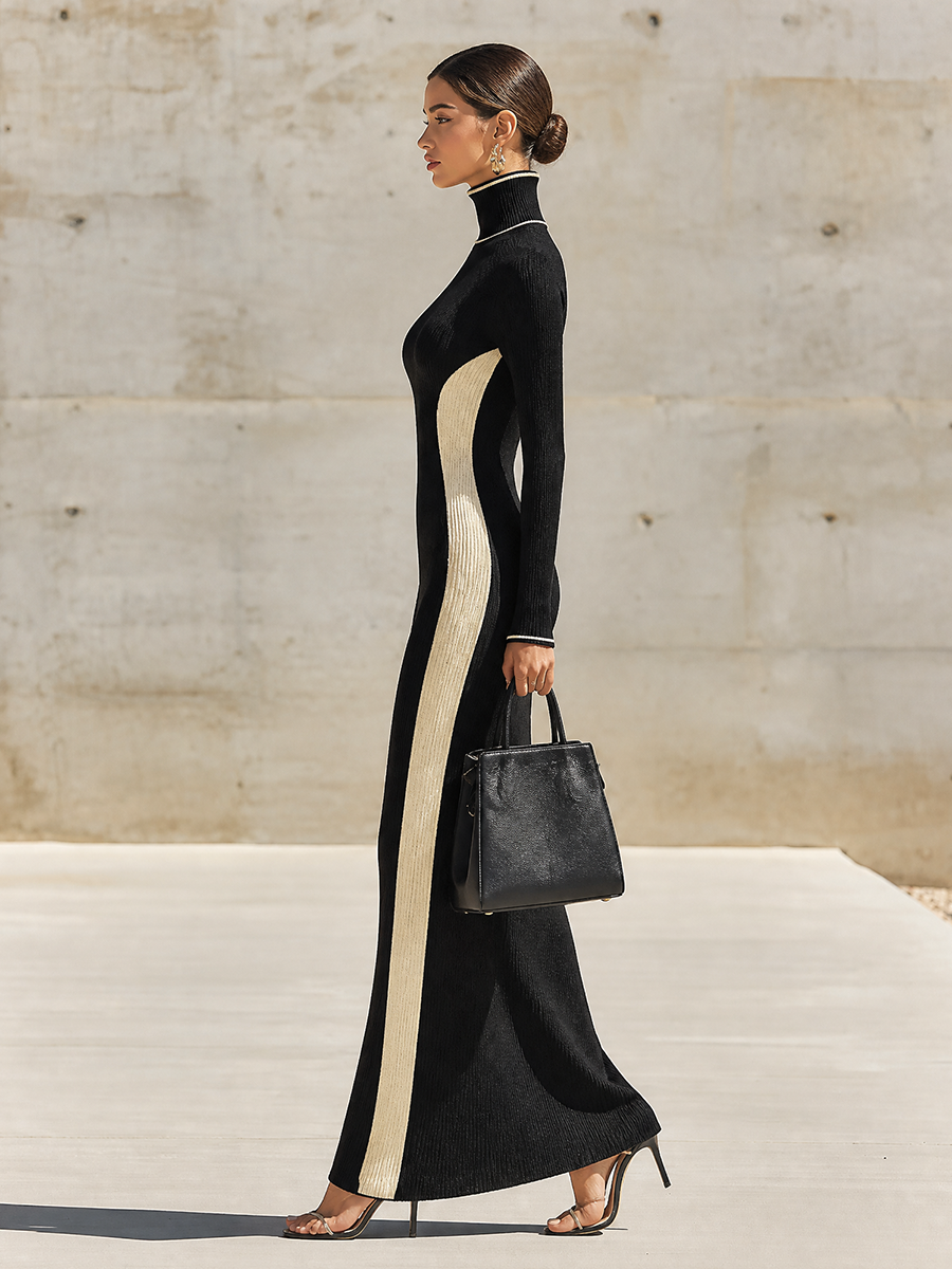 Women's Two-Tone Black Off White Stretch Knit Maxi Gown With Contrast Trim Turtleneck & Vertical Side Stripe, Sophisticated Slim Fit Long Sleeve Sweater Dress