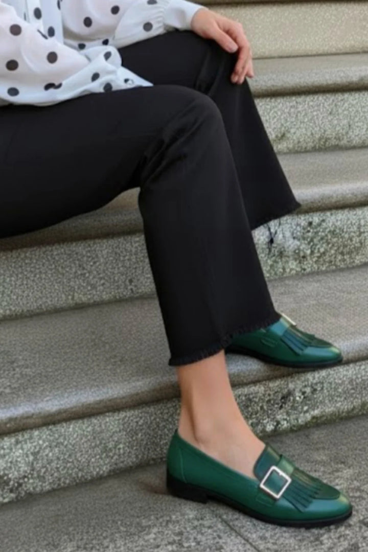 Casual Fringe Trim Buckle Round Toe Slip On Green Loafers