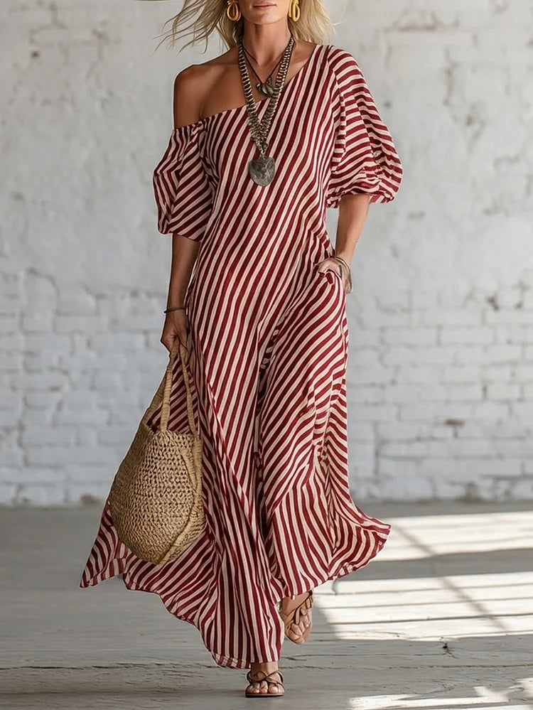 Elegant And Classic Striped Off-shoulder Maxi Dress