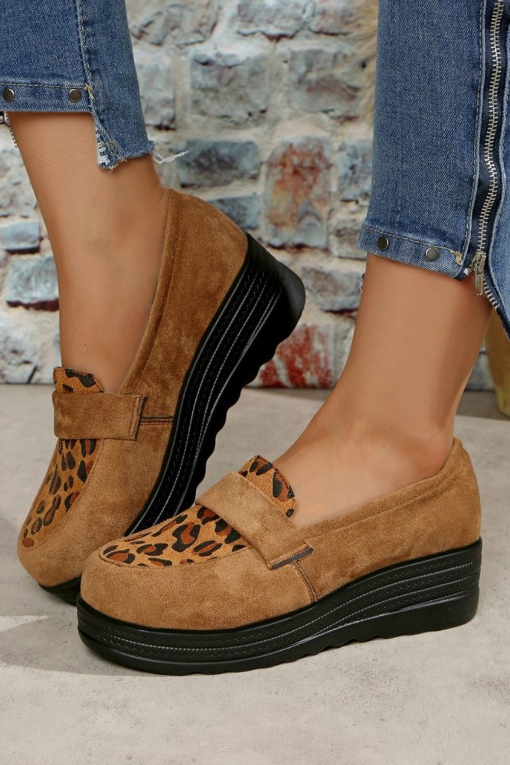Leopard Print Penny Strap Trim Platform Wedge Round Toe Loafers