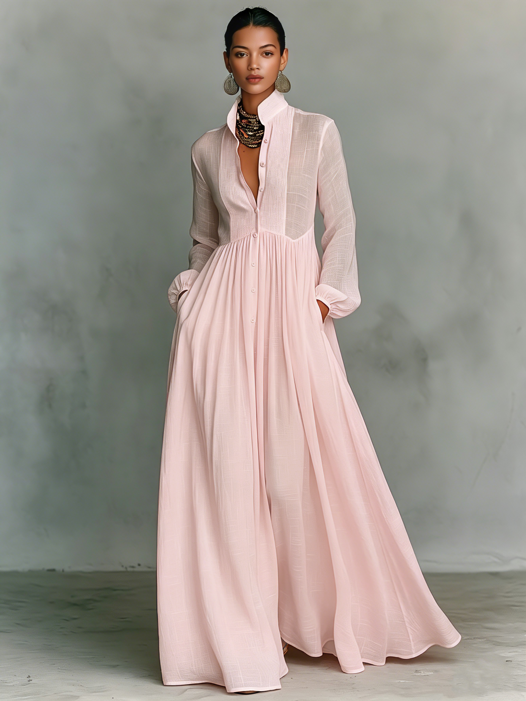 Women's Minimalist Cotton And Linen Patchwork Single-breasted Stand-up Collar Long-sleeved Maxi Dress