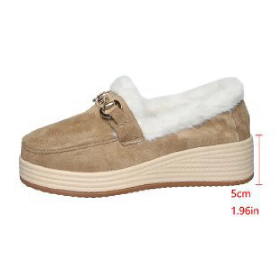 Horsebit Buckle Decor Thickened Plush Lined Fur Trim Slip On Wedge Loafers