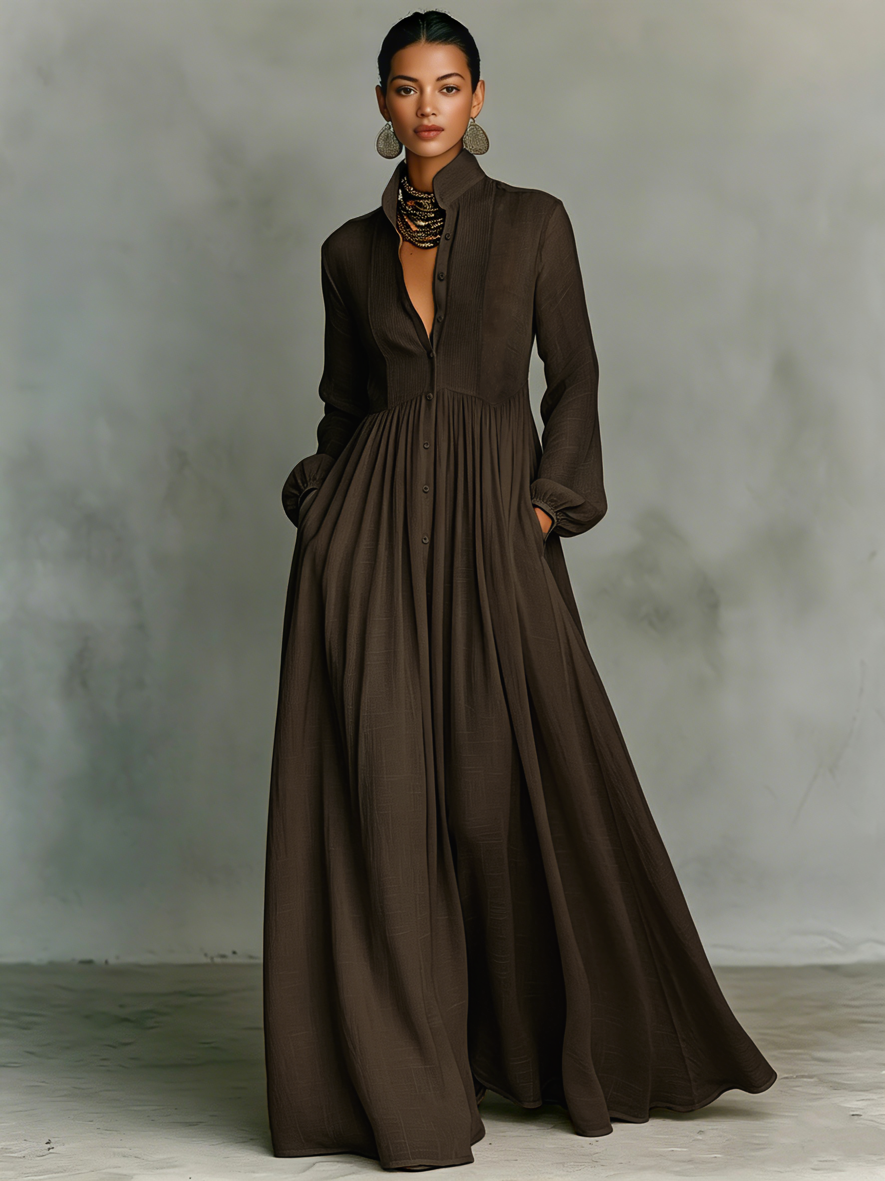 Women's Minimalist Cotton And Linen Patchwork Single-breasted Stand-up Collar Long-sleeved Maxi Dress