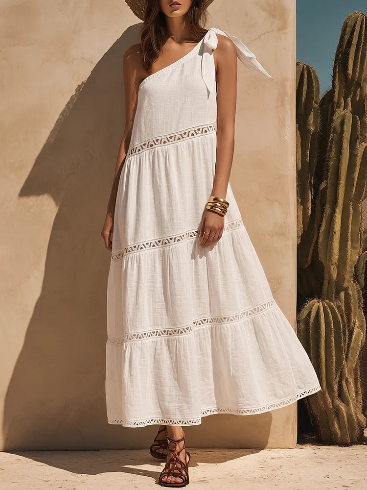Bohemian One-Shoulder White Cotton-Linen Maxi Dress