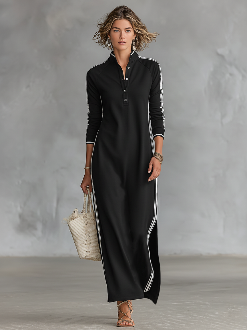 Women's Minimalist White-trimmed Button-down Collar Sweatshirt Maxi Dress
