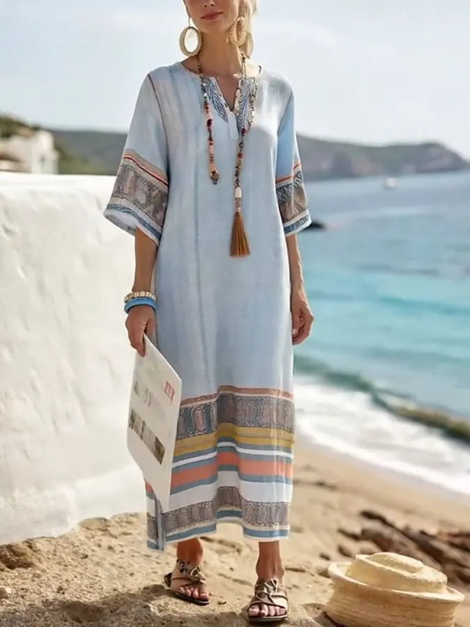 Women's Holiday Stripe Print V Neck Three-Quarter Sleeve Loose Dress