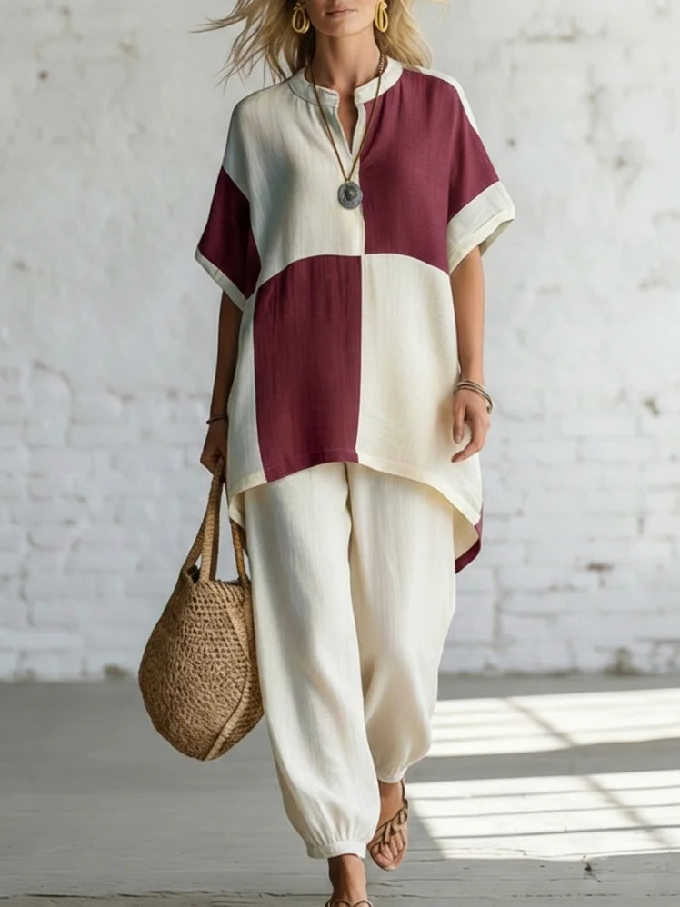 Artistic Color-block Patchwork Linen And Cotton Two-piece Set