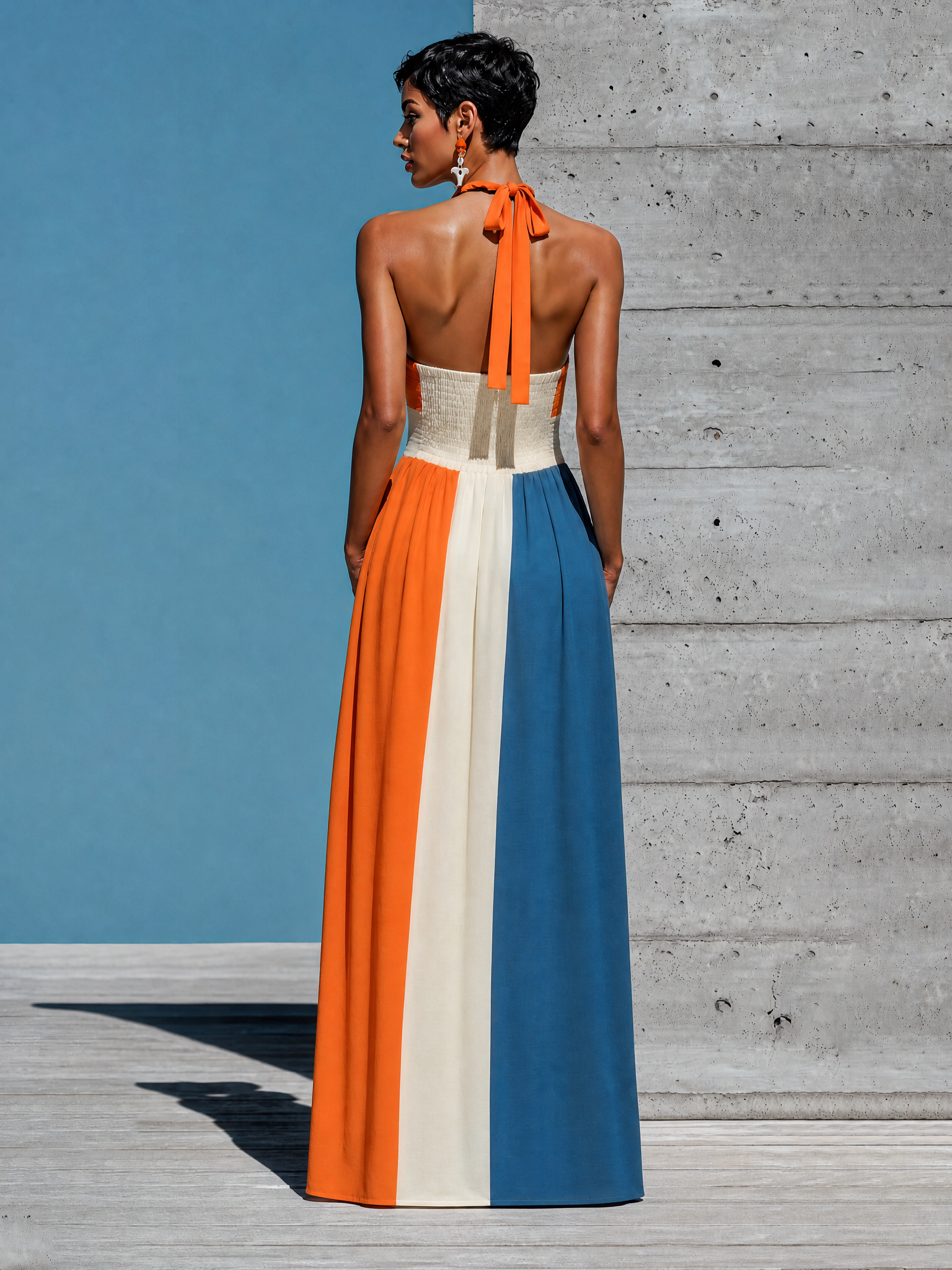 Women’s Orange White Blue Color Block Halter Keyhole Strapless Smocked Bodice Pleated Maxi Dress