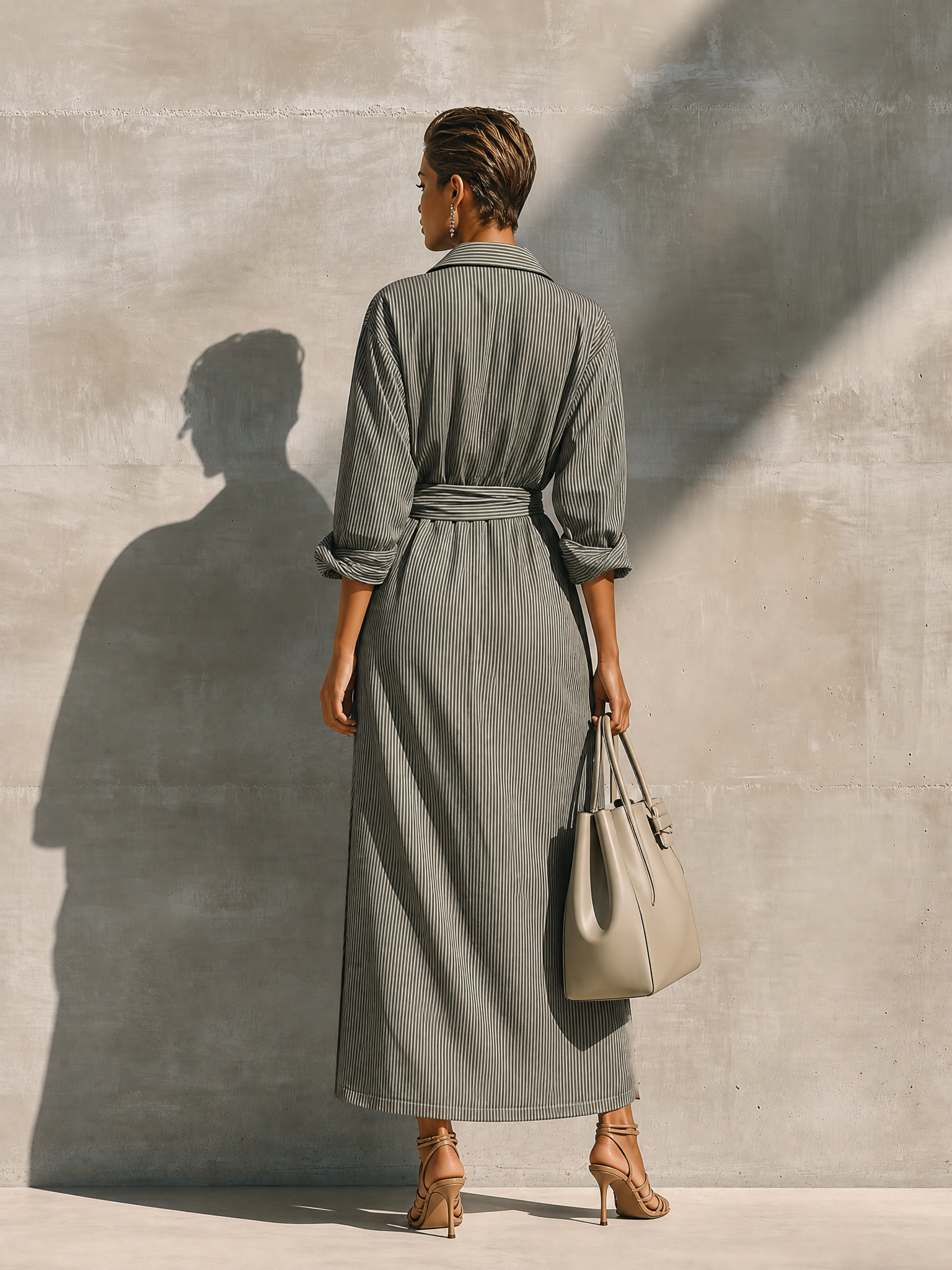 Women's Grey White Vertical Stripe Cotton Blend Collared Wrap Tie Waist Side Pocket Maxi Shirt Dress