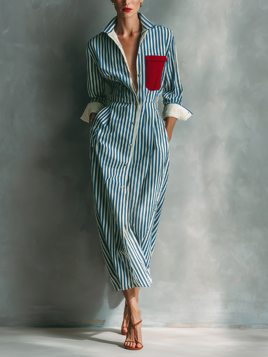 Women's Blue And White Cotton Striped Shirt Dress With Red Chest Pocket
