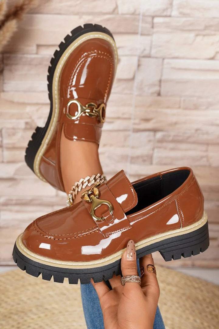 Contrast Horsebit Buckle Decor Glossy Patent Leather Round Toe Loafers