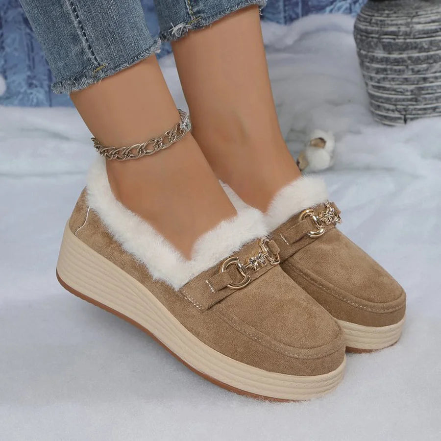 Horsebit Buckle Decor Thickened Plush Lined Fur Trim Slip On Wedge Loafers