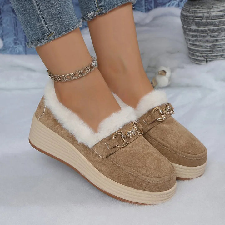 Horsebit Buckle Decor Thickened Plush Lined Fur Trim Slip On Wedge Loafers