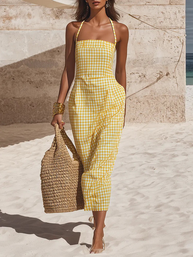 Minimalist Vacation Thin Straps Yellow Plaid Cotton Maxi Dress