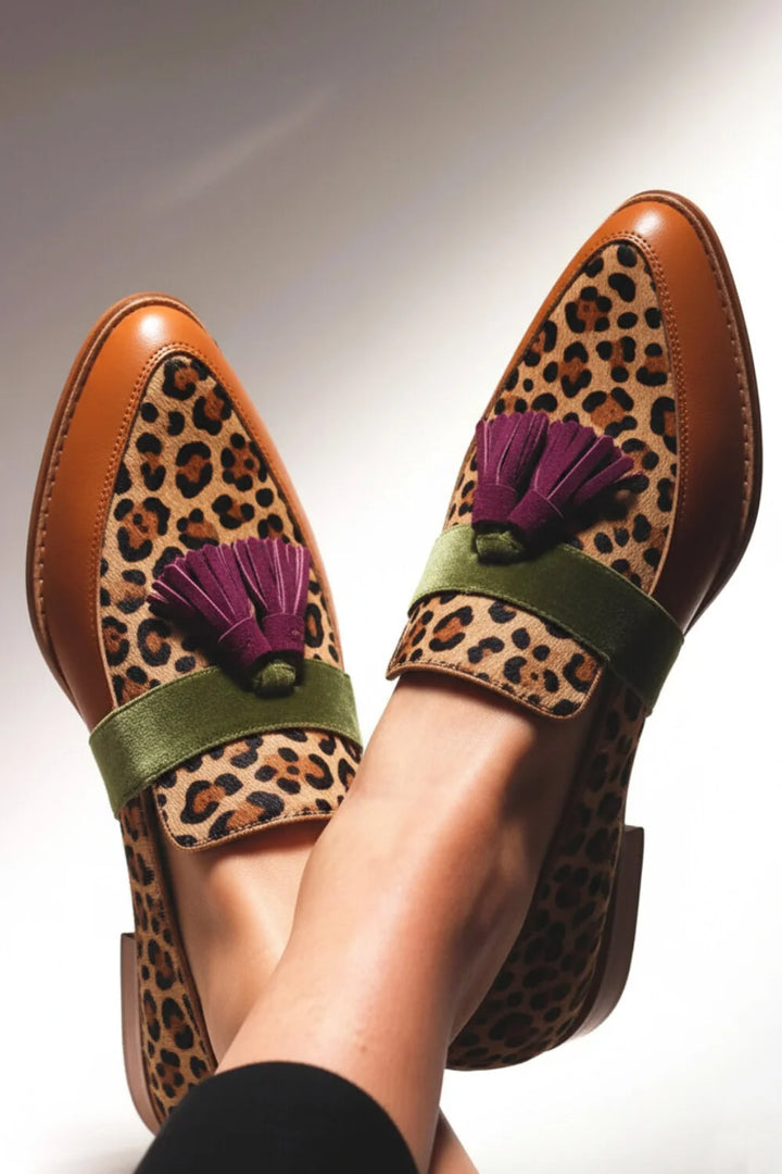 Leopard Patchwork Colorblock Tassels Pointy Toe Brown Loafers