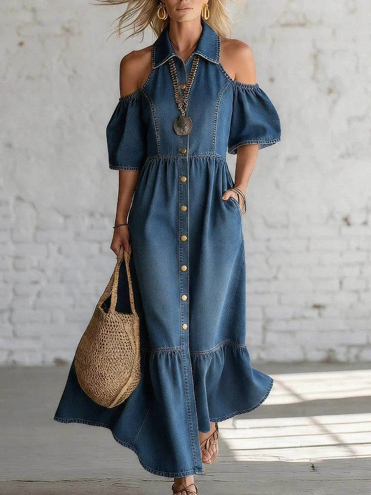 Elegant Off-shoulder Denim Maxi Dress