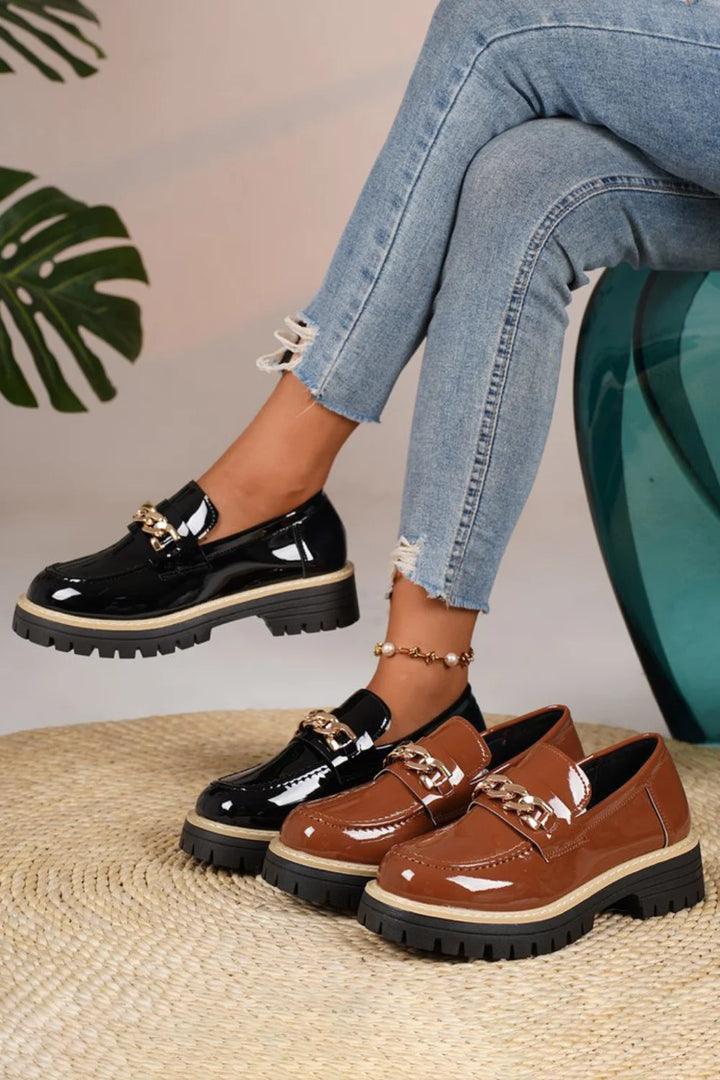 Casual Alloy Chain Decor Contrast Platform Round Toe Glossy Loafers