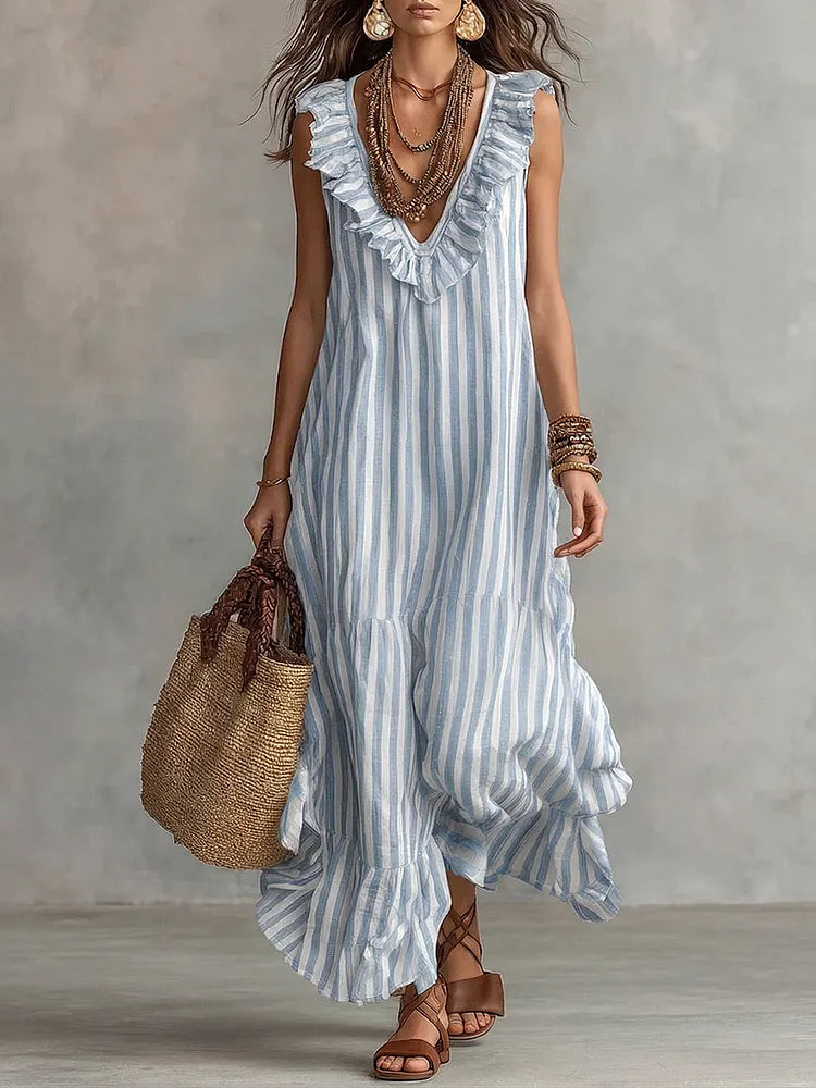 Retro Ruffled V-neck Striped Cotton-linen Dress