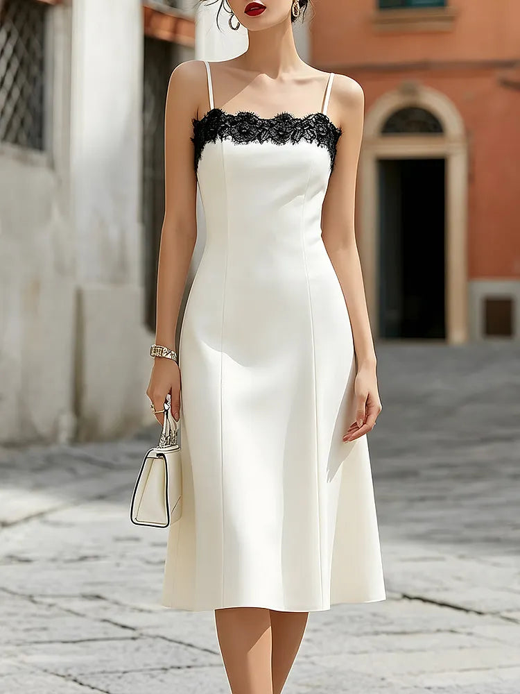 Lace Trim Spaghetti Strap Structured Midi Dress