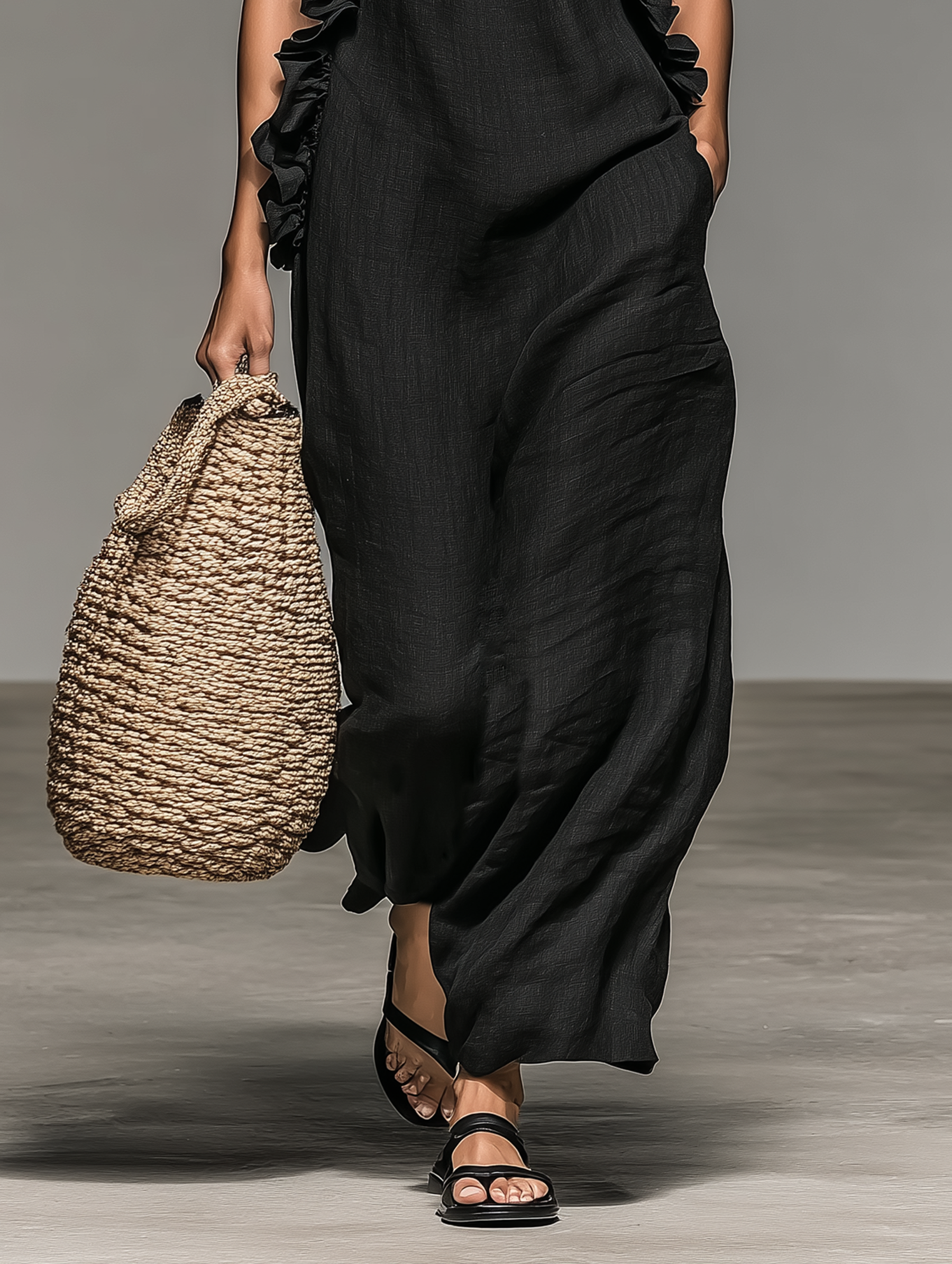 Women's Sleeveless Maxi Dress in Minimalist Linen Blend with Ruffle Details