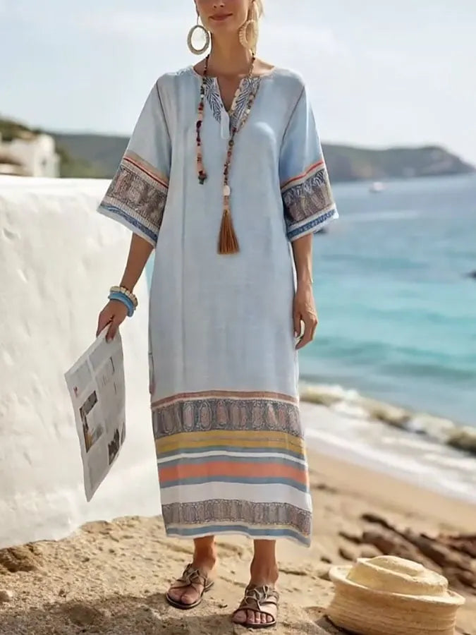 Women's Holiday Stripe Print V Neck Three-Quarter Sleeve Loose Dress