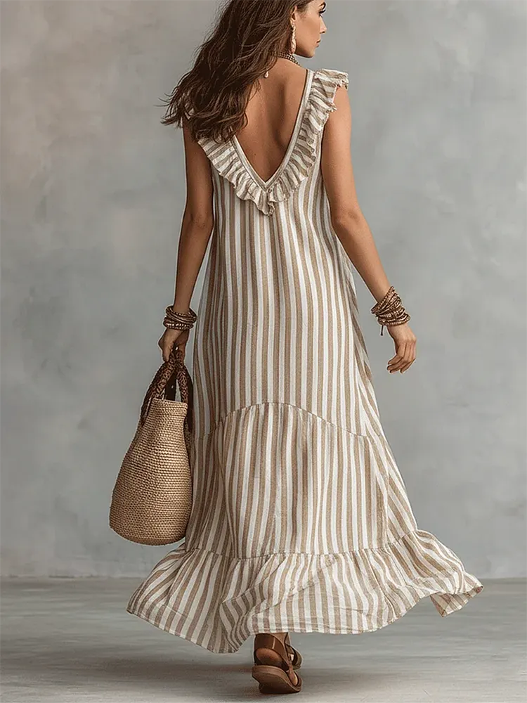 Retro Ruffled V-neck Striped Cotton-linen Dress