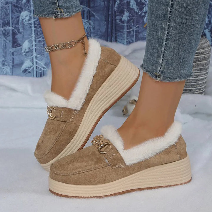 Horsebit Buckle Decor Thickened Plush Lined Fur Trim Slip On Wedge Loafers