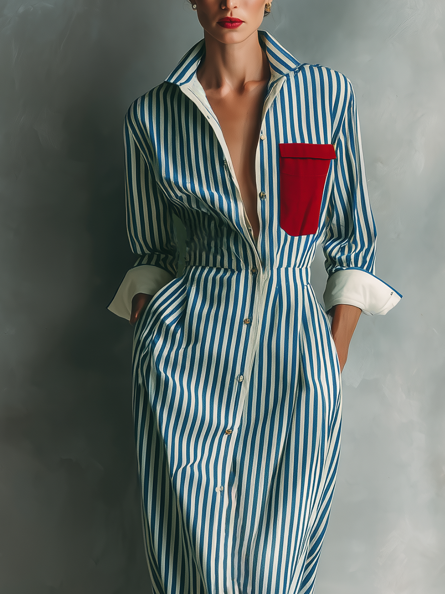 Women's Blue And White Cotton Striped Shirt Dress With Red Chest Pocket