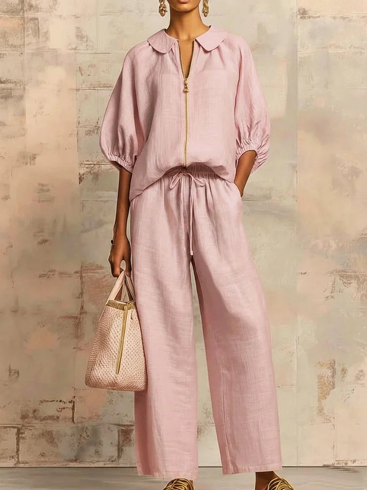 Stylish Peter Pan Collar Zip-up Shirt And Wide-leg Pant Linen Cotton Set