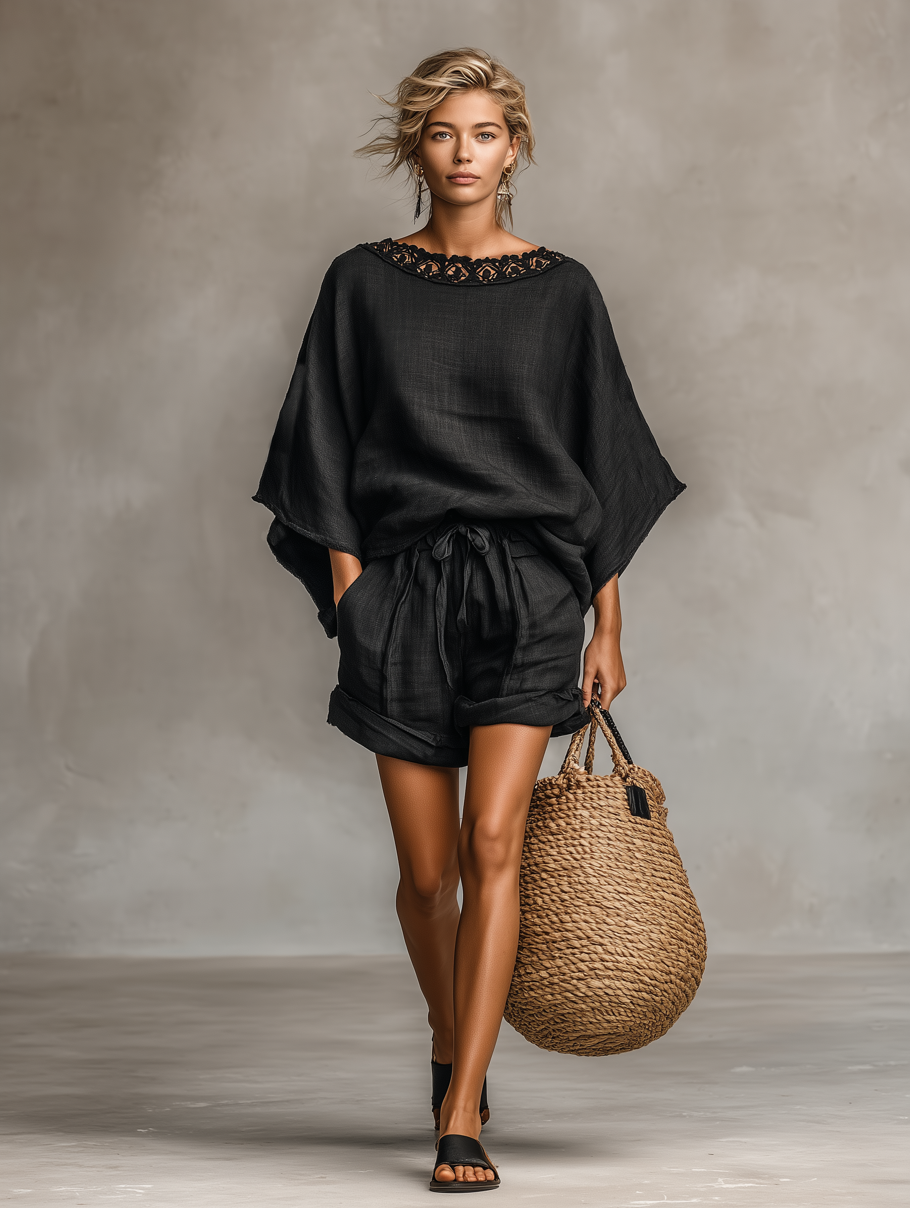Women's Minimalist Linen Blend Lace Boat Neck Blouse And Shorts Set