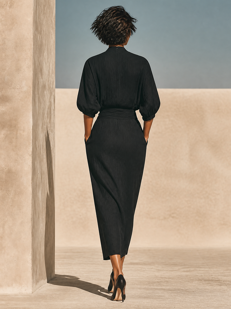 Women's Black Textured Linen Blend Two Piece Wrap Matching Set With Batwing Puff Sleeve Top & Tie Waist Wrap Midi Skirt, Minimalist Resort Elegant Outfit