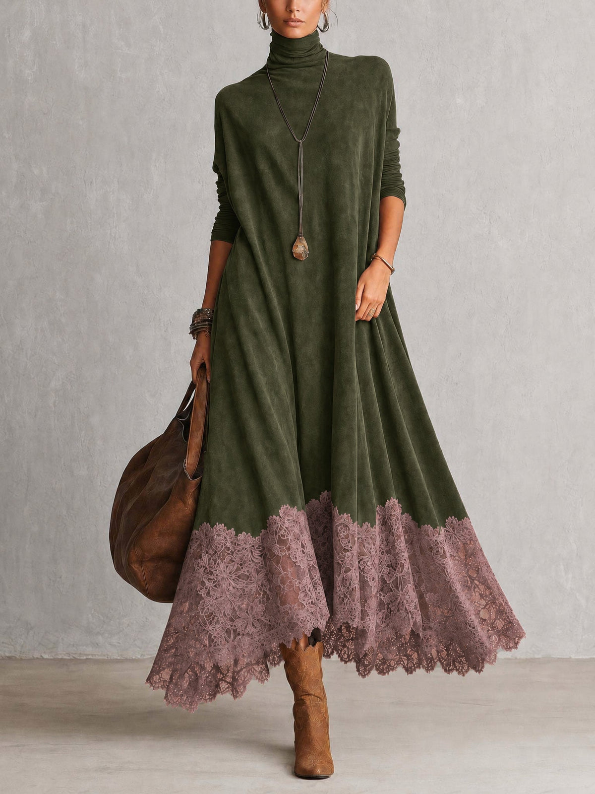 Maelis - Velvety Lace-Trim Maxi Dress
