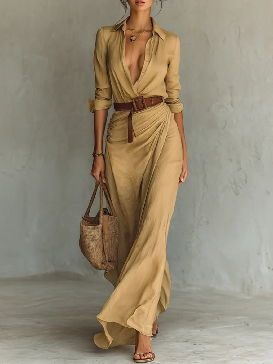 Jolette – Vestido Largo Entallado con Mangas y Solapas