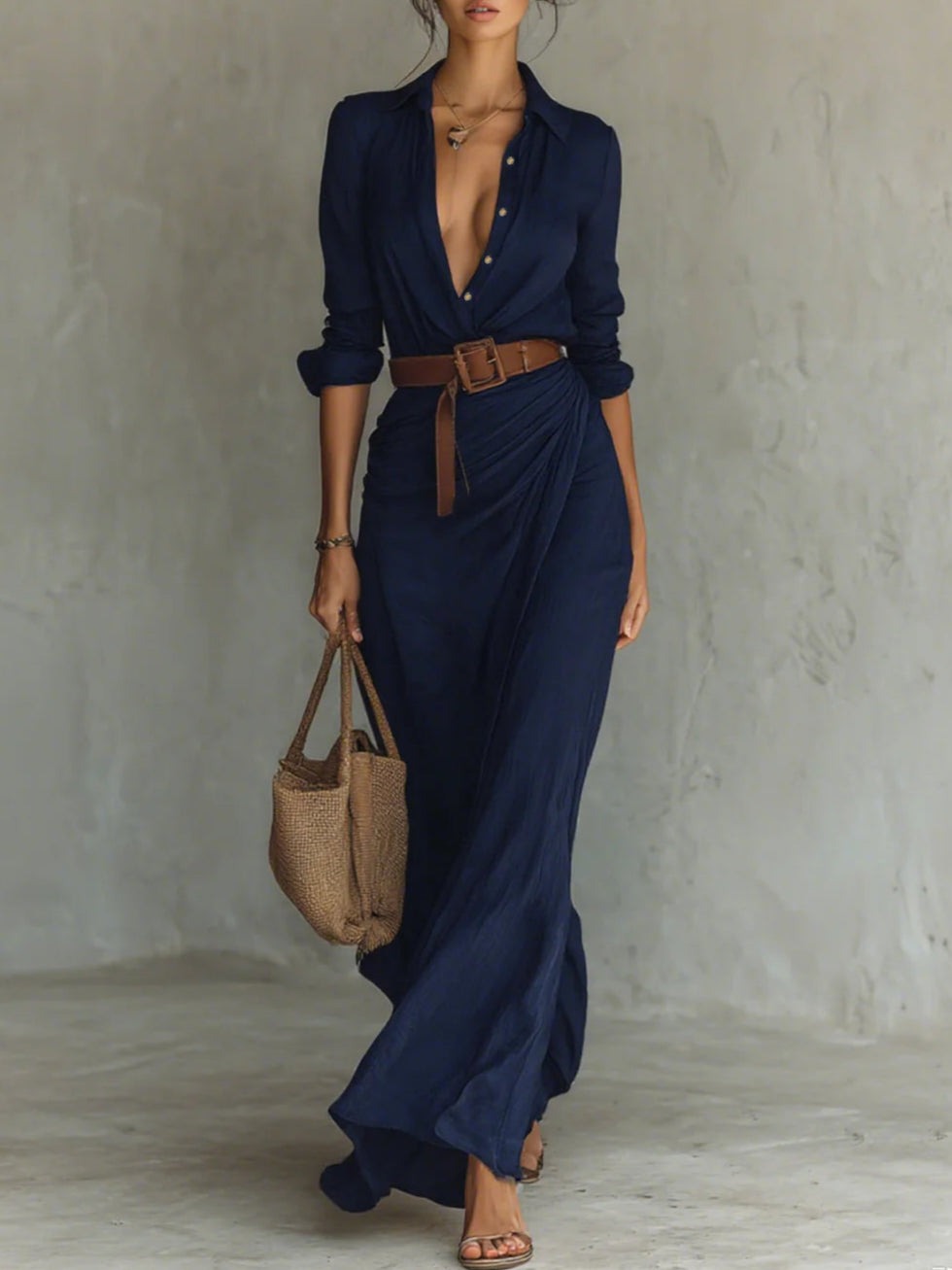 Jolette – Vestido Largo Entallado con Mangas y Solapas